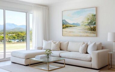 Eclectic living space with a large linen sectional in natural beige and oat tones, a transparent glass coffee table with a brass base, a delicate pastel