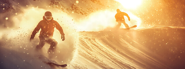 Two snowboarders in action, with the sun shining behind them
