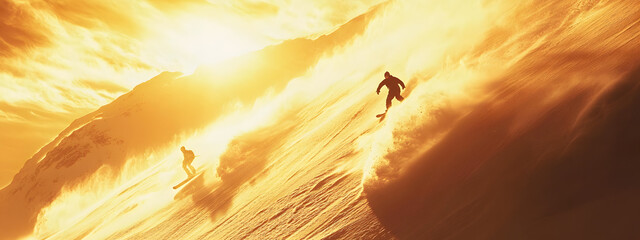 Two snowboarders in action, with the sun shining behind them
