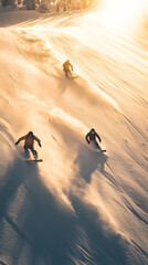 Two snowboarders in action, with the sun shining behind them
