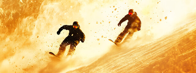 Two snowboarders in action, with the sun shining behind them
