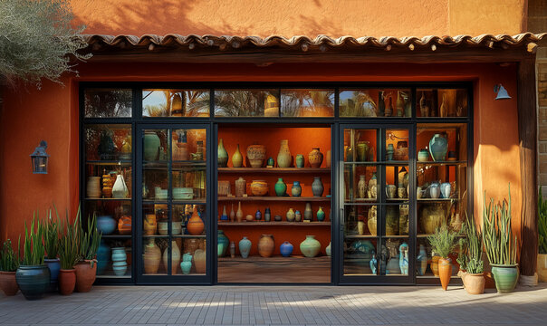 A colorful pottery store front design enriched with terracotta accents exudes artistic flair and inviting vintage charm.
