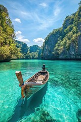 Obraz premium Boat floating in crystal clear turquoise water surrounded by lush green cliffs and blue sky in tropical paradise destination for travel adventures.