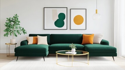 Living room featuring a bold maximalist design, a deep emerald velvet sectional, gold rimmed glass tables, abstract framed artwork, and oversized sculptural