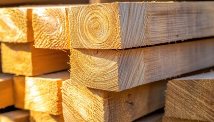 Stack of square logs creating a wooden background in the sunlight