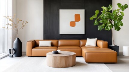 Living room featuring a contemporary caramel leather sectional, a raw edge wooden coffee table, a dark plaster accent wall, and sculptural ceramic vases