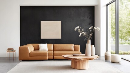 Living room featuring a contemporary caramel leather sectional, a raw edge wooden coffee table, a dark plaster accent wall, and sculptural ceramic vases