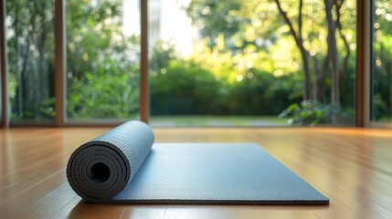 A yoga mat on a wooden floor, symbolizing calm and focus in simplicity