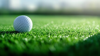 Obraz premium Close-up of a golf ball on green grass, selective focus, soft overhead light