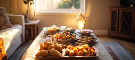 Sharing traditional moroccan food with family and friends during ramadan iftar gathering