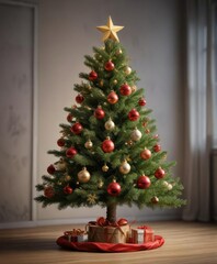 A pine Christmas tree decorated with ornaments and a star on top , holiday, festive