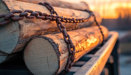 Rusty chain securing logs on truck at sunset, transportation of timber