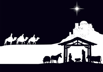 A Christmas nativity scene with baby Jesus in the manger, wise men and city of Bethlehem in the background