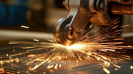 Close-up of a steel grinding tool, sparks flying, directional lighting