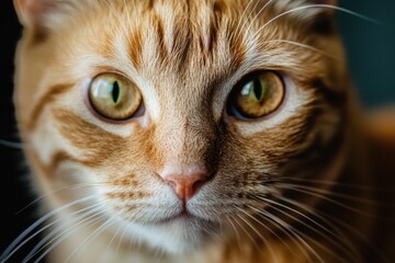 Close up of an orange tabby cat with striking green eyes gazing curiously at the camera in a cozy indoor setting. Generative AI