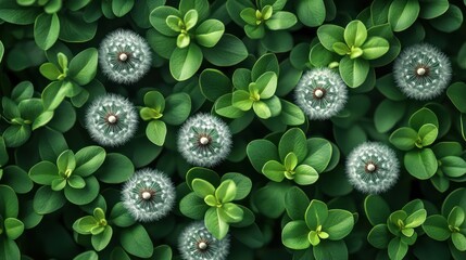 Dandelions amidst lush green foliage; nature background