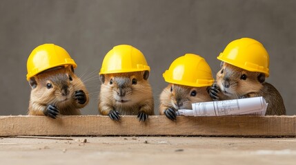Playful Baby Animals in Construction Helmets with Blueprints