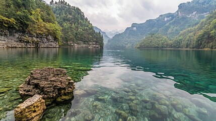 Serene Mountain Lake Landscape With Crystal Clear Water