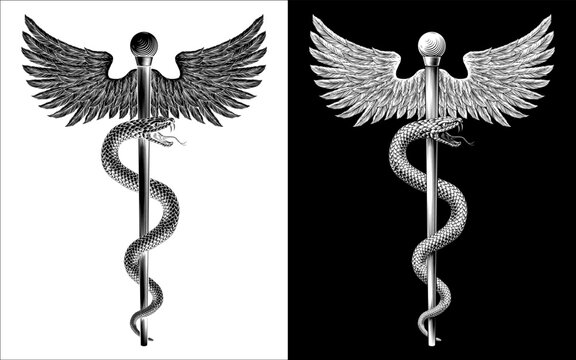 Rod of Asclepius staff medical symbol. Snake around rod or wooden staff. Often mistakenly called Caduceus. Doctor medicine and health care icon. Vintage woodcut etching style. Also features wings.