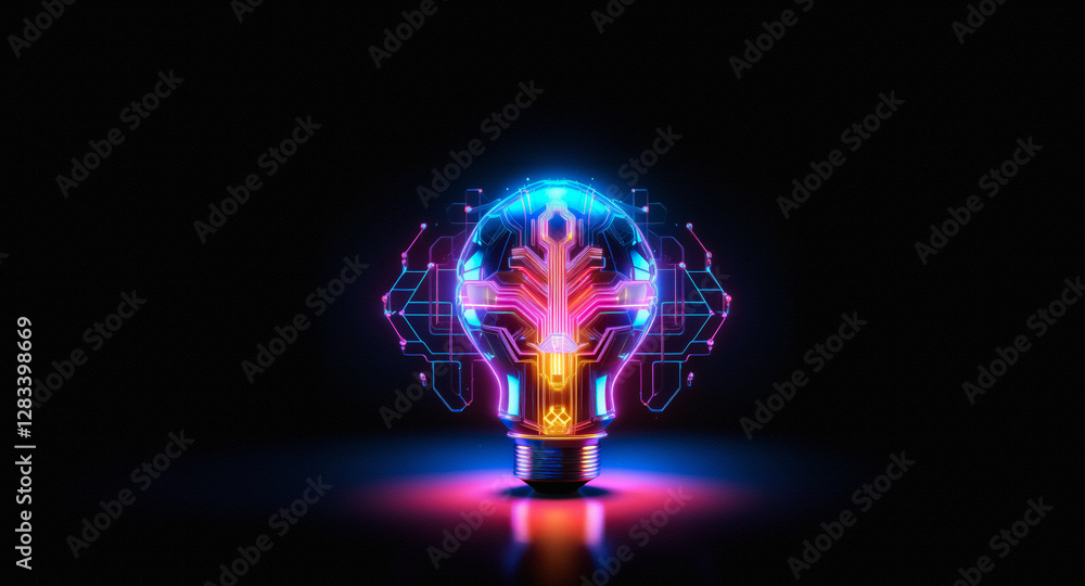 Aufkleber A luminous neon light bulb with a circuit board pattern emits a vibrant glow against a stark black background, symbolizing innovation and technological advancement.