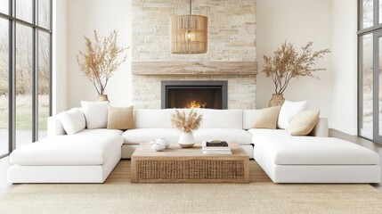 Living room, modern rustic style, plush white boucle sectional, reclaimed wood coffee table, stone fireplace with subtle warm glow, woven rattan pendant