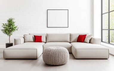 Living room with a comfortable oversized sectional in soft ivory, a textured knitted pouf as a focal point, vibrant red accent details, and warm diffused