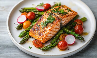 Grilled Salmon Steak with Asparagus Cherry Tomatoes Radishes Green Beans and Peas Fresh Vegetable Dish