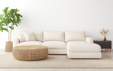 Living room with a cozy and modern layout, a soft linen sectional, a woven rattan coffee table, a warm wool throw, and a dark wood console