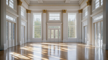 Fototapeta premium Elegant Sunlit Ballroom with Classic Architectural Details