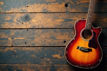 Obraz premium Distressed grunge banner with a broken guitar on a worn wooden background , retro, texture, guitar