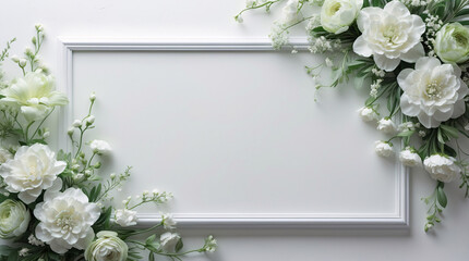 Minimalistic White Tray Surrounded by Soft Green and White Flowers with Botanical Framing for Display for Copyspace and Text Background