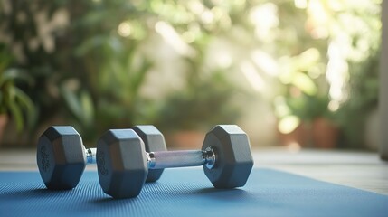 Close-up of dumbbells on a yoga mat, natural ambient light, simple gym setting