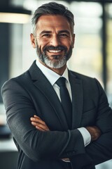 Businessman smiling confidently in modern office environment, professional attire, leadership, corporate success, and career development concept.
