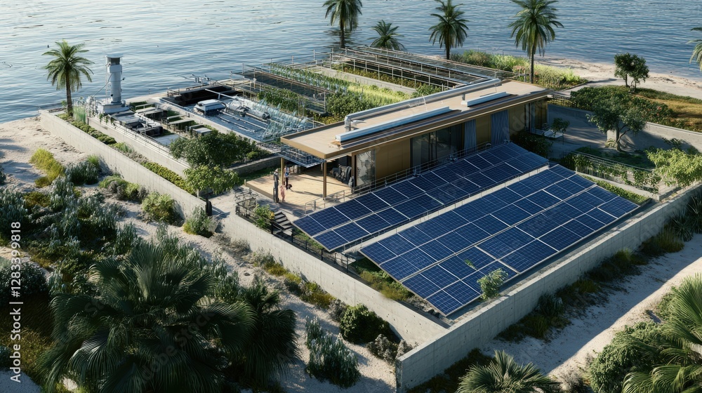 Poster a startup innovating in solar-powered desalination systems, creating sustainable methods of providin