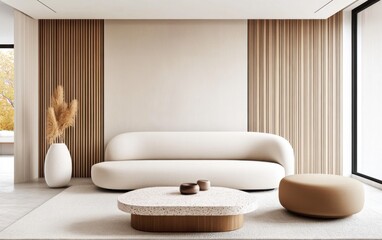 Living room with a minimalist neutral palette, a low profile linen sofa, a terrazzo stone coffee table, a fluted wood accent wall, and sculptural lighting