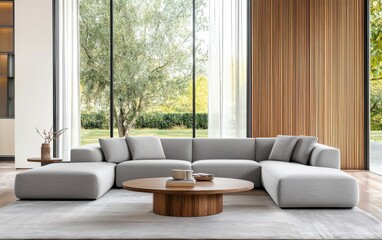 Living room with a modern Scandinavian feel, a cloud like gray sectional, a handcrafted wood coffee table, warm fluted panel walls, and soft fabric textures