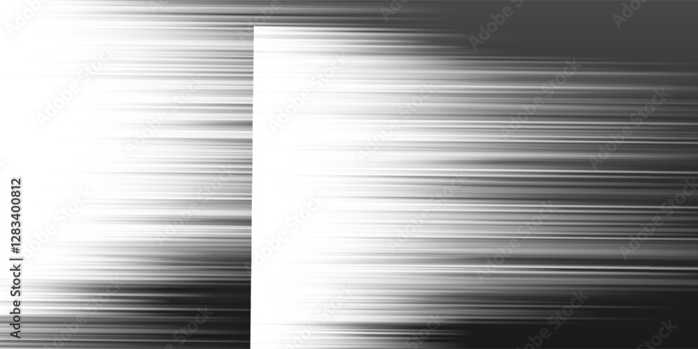 Poster black and white bright linear striped motion blur patterned overlaying rectangular gradient shapes a