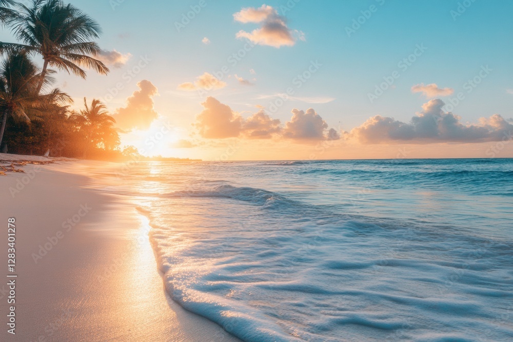 Poster sunset illuminating a tranquil beach with gentle waves and lush palm trees along the shore. generati