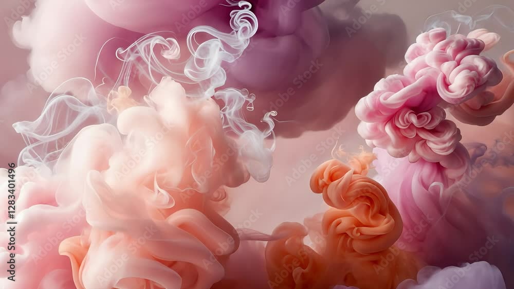 Poster soft pink and orange ink clouds swirling in water creating a dreamy abstract fluid art effect with d
