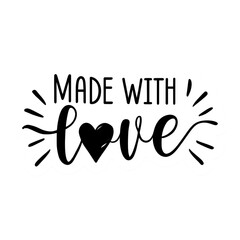 Black and White Made With Love Heart Design - Stylized Lettering Graphic for Handmade Products and Gifts with Radiating Lines
