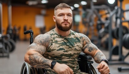 Fototapeta premium Witness unparalleled determination A determined athlete in a wheelchair training in a modern gym, embodying focus and motivation Experience the strength and endurance concept firsthand as this
