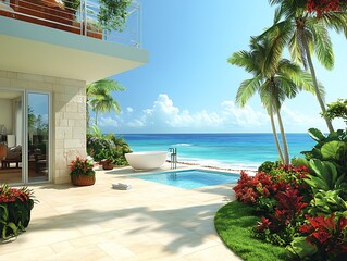 Tropical Paradise: Luxurious beachfront property with a balcony, pool, palm trees, and a breathtaking view of the ocean, conveying tranquility and opulence.