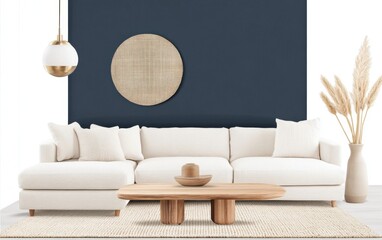 Living room with a textured light linen sofa, a deep navy accent wall, a neutral woven area rug, sculptural brass lighting, and a floating wooden coffee