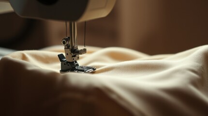 Sewing Machine on Fabric: Close-up of a sewing machine stitching beige cloth for a tailored creation.