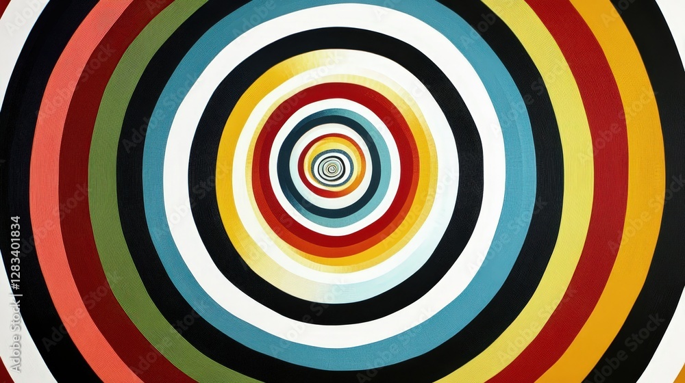 Poster concentric circles expanding outward, with each circle gradually changing in color and size, symboli