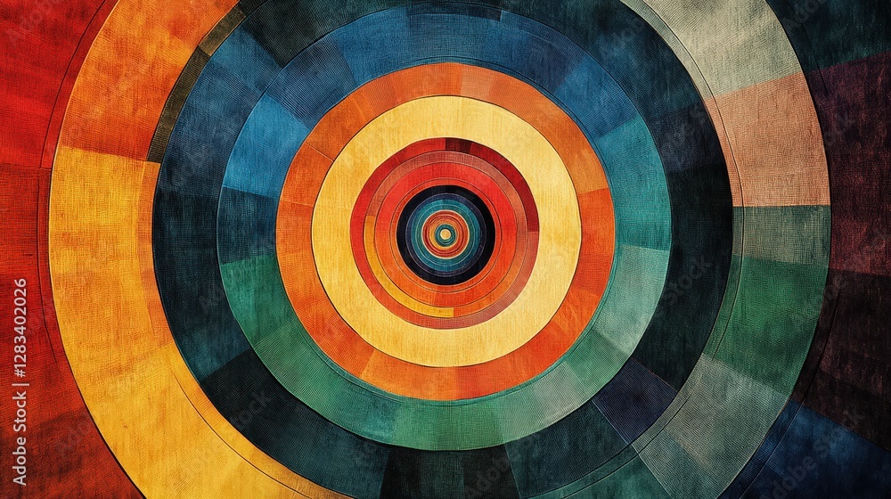 Poster concentric circles expanding outward, with each circle gradually changing in color and size, symboli