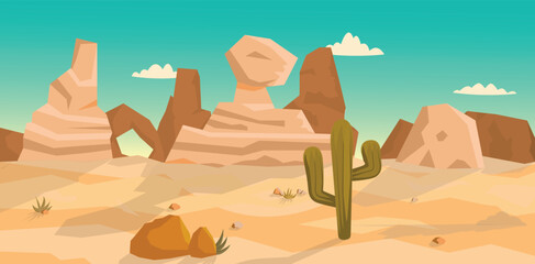 Cartoon desert background. Rocks, sand and cactus