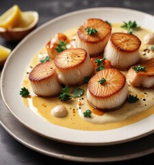 A plate of pan-seared scallops with a light and creamy sauce, upscale, elegant, plate