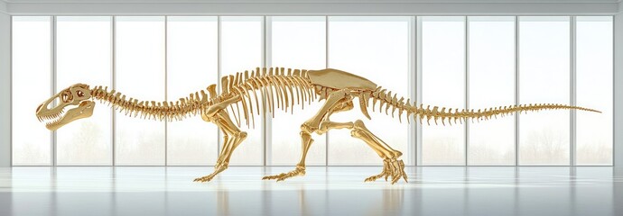 Golden Diplodocus Dinosaur Skeleton in Minimalistic Gallery with Natural Light