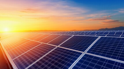 Solar panels reflecting vibrant sunset hues over a serene landscape, promoting renewable energy